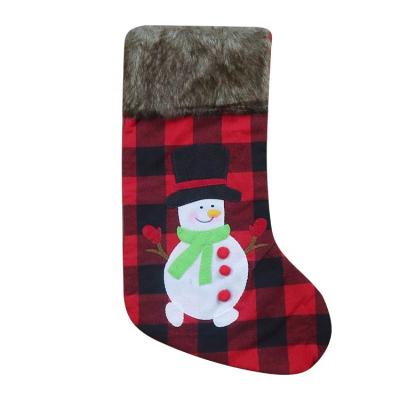 China New Style Fashionable Christmas Border Stocking With Snowman Red And Black Plaid Christmas Socks Christmas Gift Bag for sale