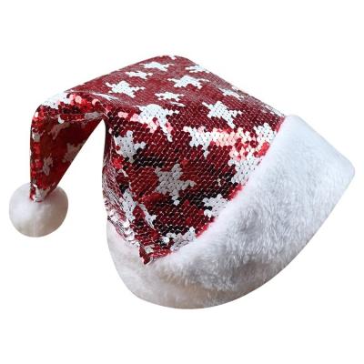 China 2022 High Quality Magic Christmas Hat Red Magic Sequin Flip Flop Sequin Glare Hat With Star For Adult Christmas Time for sale