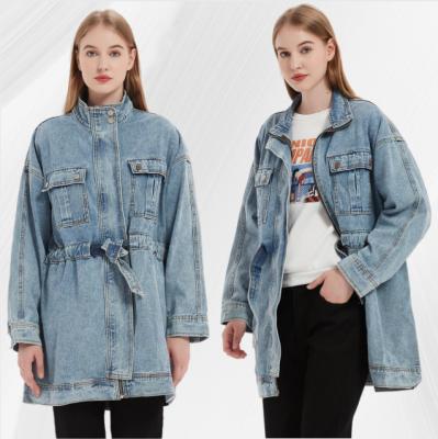 China Women's Blue Jean Winter Long Jacket For Autumn Women's Fashion Waistband Jackets Zipper Fly Elastic Breathable Denim for sale