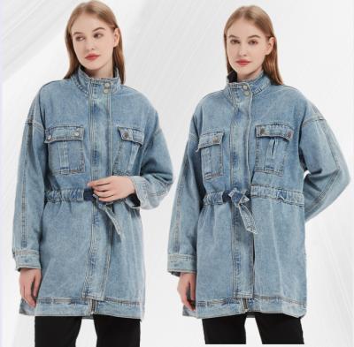 China Breathable Zipper Fly Blue Jeans Coat Autumn Elastic Women's Long Belt Jackets For Women for sale