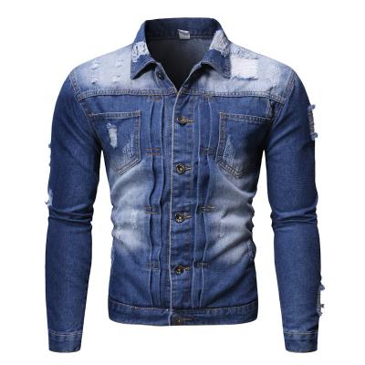 China Breathable Mens Spring Denim Jacket Blue Ripped Casual Jeans Jacket Men for sale