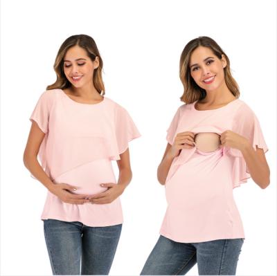 China Breathable Maternity Tees Nursing Top Short Sleeve Cotton Shorts T-Shirt With Chiffon Patch for sale