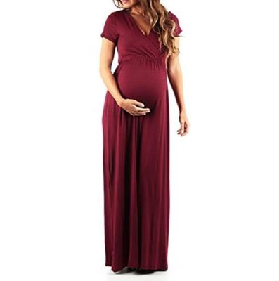 China Solid Color Breathable Maternity Pregnancy Dress Summer V-Neck Long Photo Shoot for sale