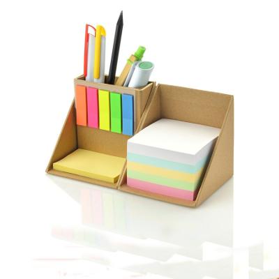 China Office Self Adhesive Sticky Organizer Office Supplies Memo Note Pads Notes and Page Marker with Pen Pencil Holder in Recycle Kraft Paper Box for sale