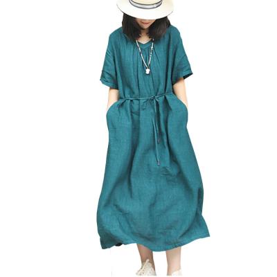 China Literature and art linen V-neck dress anti-static mid length retro spring and loose skirt new A version of summer 2021 for sale