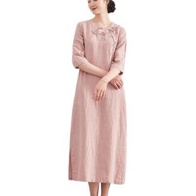 China Summer anti-static women's boutique stand collar Chinese style retro linen dress embroidery loose linen cotton long for sale