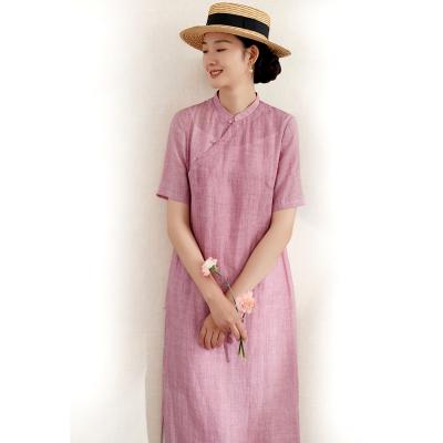 China Summer Women's Boutique-waist Canvas Dress Stand Collar Cotton Simple Loose Breathable Chinese Style Long for sale