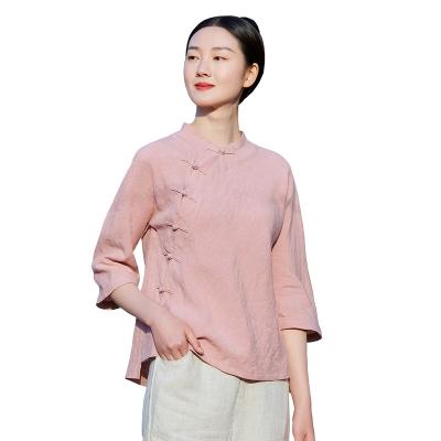 China Retro Hand-Buttoned Shirt Canvas Shirt Anti-Shrinkage Women's Reduction First Through Age Drop Collar Cuff Sleeve 2021 Slim Round for sale