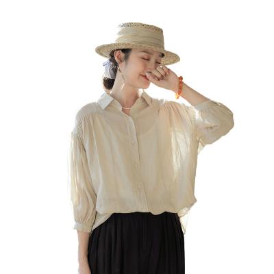 China Long Sleeve Round Collar Anti-Shrink A Cotton And Plus-Size Casual Elegant Women's Canvas Blouse for sale