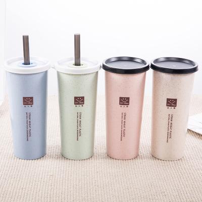 China TY 500ml Sustainable Wheat Straw Cups With Double Cover And Removable Straw Eco Friendly Reusable Cups Insulated Coffee Cup for sale