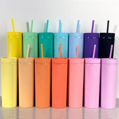 China TY Wholesale Disposable 16oz Colored Plastic Cups With Lids And Double Straws Wall Matte Plastic Cup for sale