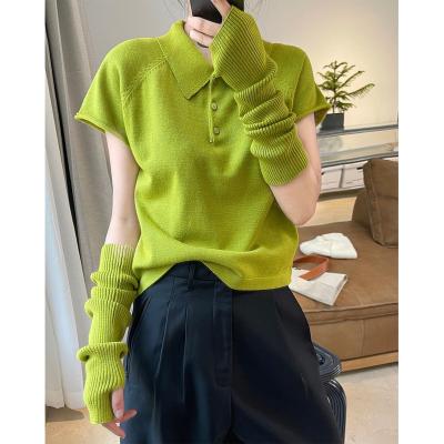 China Spring Lapel Anti-wrinkle Women's Knitwear New Short Sleeve Knit Jacket Casual Women's Sweater Two Sets Knit Top for sale