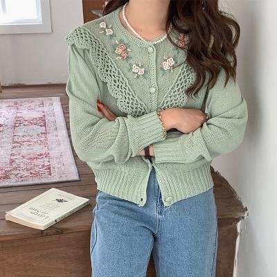 China Anti-wrinkle embroidery sweater loose heavy handmade vintage floral embroidered knitted sweater women design knitting cardigan for sale