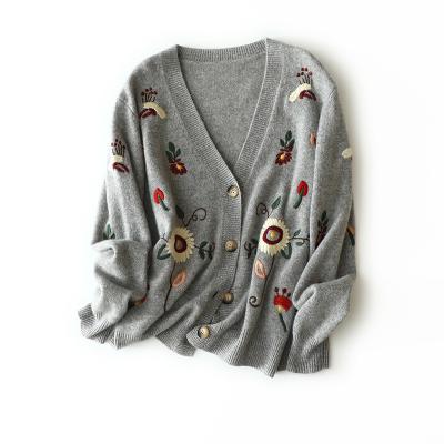 China Designer Loose Knitted Cardigan V Neck Sweater Coat Women QUICK DRY Womens Knitted Cardigan Sweaters Flower Embroidery Sweater for sale