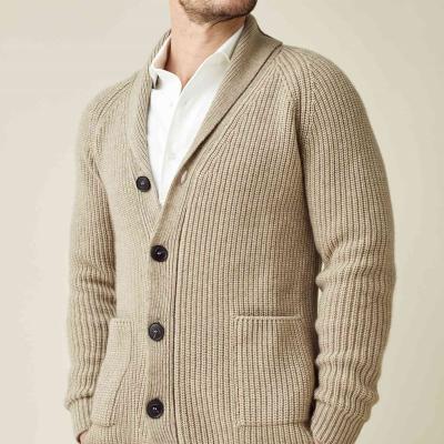 China Anti-wrinkle AOPU Navy Chunky Knit Mens Wool Cashmere Ribbed V-Neck Cardigan Sweater Full Cashmere Cardigan Men for sale