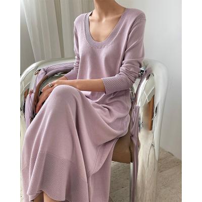 China U-neck Anti-Static Ice Makers Knitwear Silk Sloose Slimming Pure Color Knitting Dresses for sale