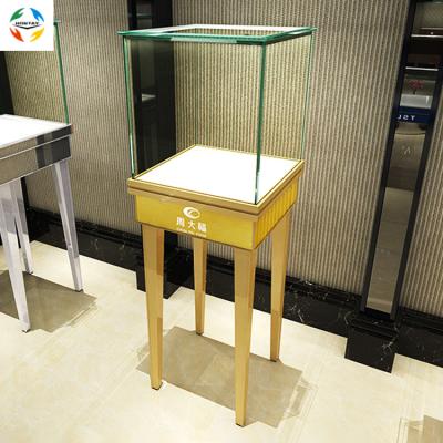 China Gold Glass Standing Jade Display Cabinet With Storge of Jade Display Shopping Mall Beautiful Gold Glass Standing Inside for sale