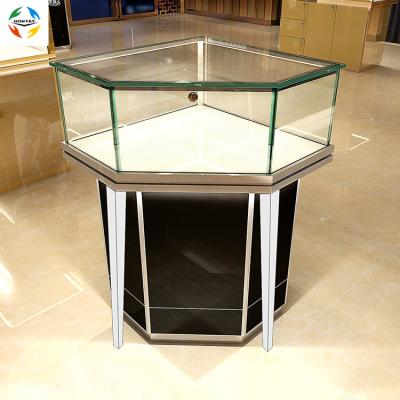 China Aluminum+Tempered Glass+UV Base Plate Tempered Glass Circle Island Table Retail Jewelry Display Corner Cabinet For Jewelry Store Display Design for sale