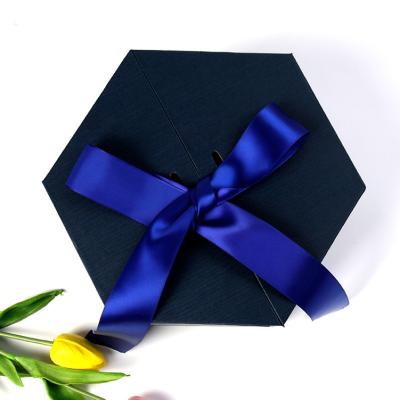 China Recycled Blue Rigid Gift Flip Top Box With Ribbon Lipstick Paper Cosmetics Cardboard Storage Materials Custom Luxury Six Corners for sale