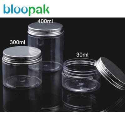 China Small Small Cosmetic Aluminum Cap Empty Plastic Jar 200gm With Aluminum Lid for sale