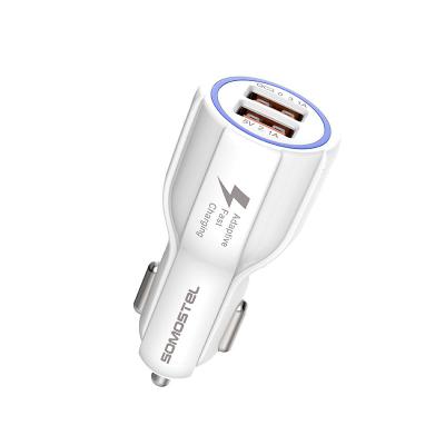 China Somostel A45 20W 2 USB QC3.0 Quick Car Charger Mobile Phone With LED Phone Wholesale High Quality Charger With 3.1A USB Fast Charging Cable for sale