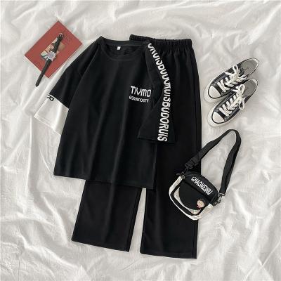 China 2021 summer new Korean style college sleeve student T-shirt QUICK-DRY QUICK-DRY Korean three-quarter version single wide-leg two-piece pants suit for sale