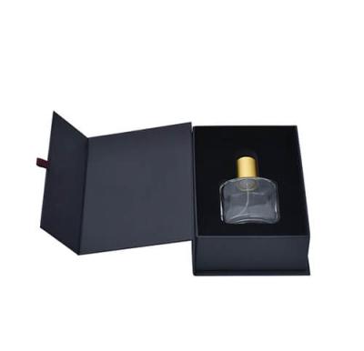 China Empty Recyclable Black Magnetic Cardboard Flap Gift Boxes 100ml Luxury Perfume Packaging Boxes for sale