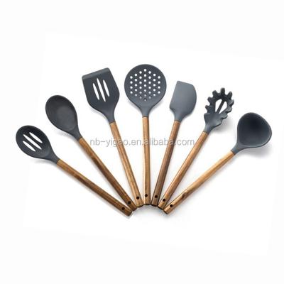 China Sustainable Silicone Cookware Sets Kitchen Utensil Set - 7 Natural Acacia Silicone Cooking Wood Cookware Set for sale