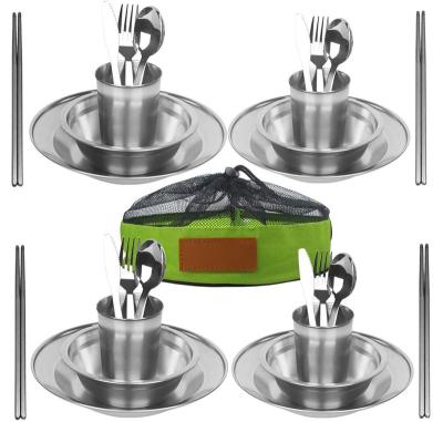 China BBQ Stainless Steel Tableware Mess Kit Includes Plate Bowl Cup Spoon Knife Chopsticks and Mesh Bag for 4 Person Camping for sale