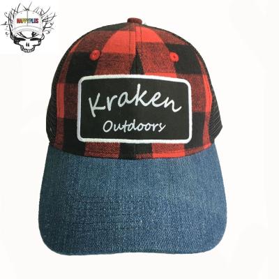 China COMMON Hat Royal Black Trucker Plaid RAWF Buffalo Red Blend Checked Fabric Mesh Baseball Cap for sale