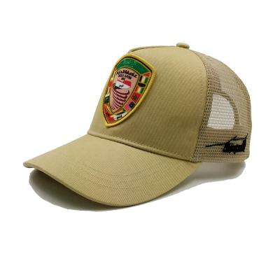 China Character Branded Kids Children 5 Panel Mesh Trucker Cap Hat With Khaki Embroidery Flag for sale