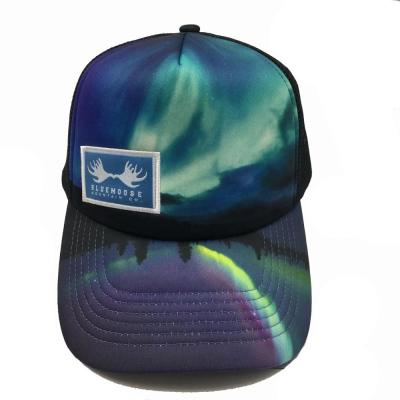 China Nice fabric: cotton painting AURORA BOREALIS sublimation printed foam front visor polyester baseball cap trucker top hat with poly mesh for sale