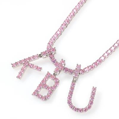 China Custom Hiphop CZ Tennis Pink Initial Letter Pendant Necklace Iced Out Zircon Mens Womens Jewelry for sale