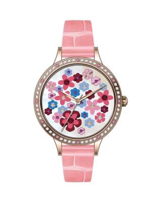 China Beautiful Non-Specific Design Girls Dress Watch Stone Bezel Around Case And Dial Rose Floral Leather Strap Slim Wristwatch for sale