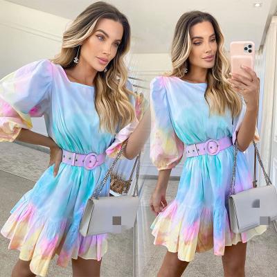 China 2021 Autumn Tie Dye Rainbow Color Viable Puff Sleeve Dresses Women Ruffles Show Slim Skater Mini Waist Chiffon Casual Dress for sale