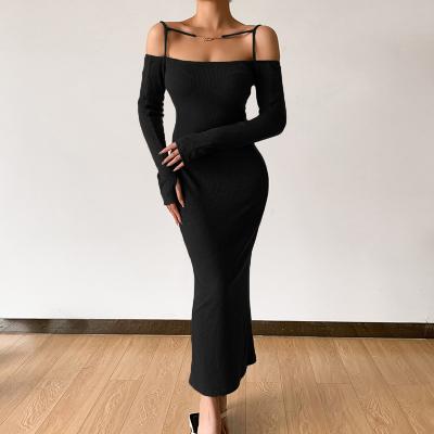 China Sustainable New Design Bodycon Dress Women Shoulder Solid Color Party Club Long Sleeve Dress for sale