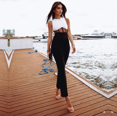 China New Fashion Breathable Mesh Perspective Tight Bandage Women's Black White Stitching Hollow Out Overalls for sale