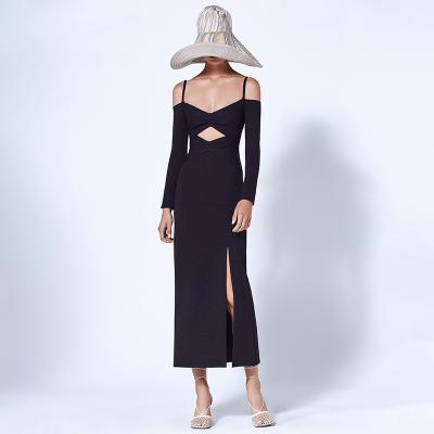 China 2021 Anti-wrinkle Autumn Women Black Long Sleeve Sling Hollow Pleated Bandage Party Wear Dresses For Women for sale