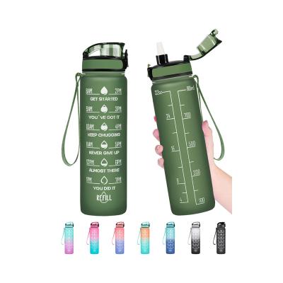 China Fitness Gym Leak Proof Direct Viable Light Green Gradient Drinking BPA Free Water Bottle 32 Ounce With Time Marker for sale