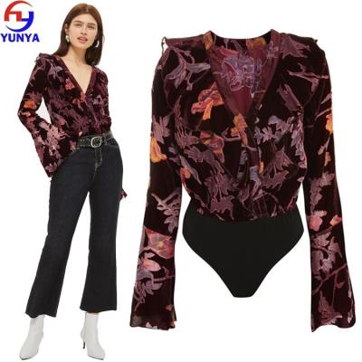 China Chinese factory women's fall fashion anti-pilling long sleeve burnout velvet jumpsuit one-piece top for sale