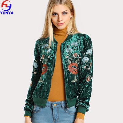 China Breathable Most Popular Woman Apparel Products Floral Embroidered Velvet Bomber Varsity Jacket for sale