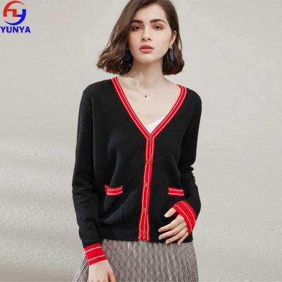 China Anti-pilling RTS in running contrast color v neck button up knitted women cashmere sweater for sale