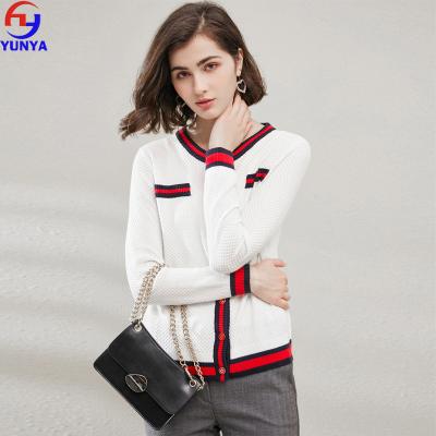 China Anti-pilling RTS in women knitwear contrast color running button up cashmere knitted sweater for sale