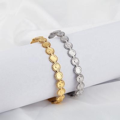 China Fashion C Shape Bangle Stainless Steel Casual Classic Open Charm Woman Golden Cuffs Sun Round Pattern Bracelet for sale