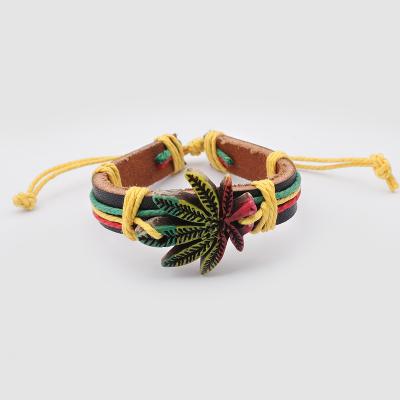 China TRENDY 12pcs Rasta Style Yaks Bone Maple Leaf Pendants Charm Hemp Weed Adjustable Leaf Leather Bracelets for sale