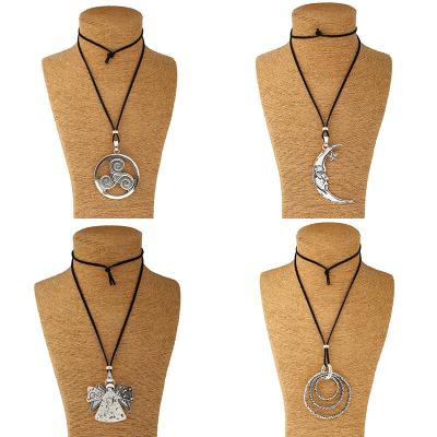 China Wholesale TRENDY Silver Moon Circle Abstract Big Angle Statement Color Pendant Necklace Fashion Suede Leather Rope Pendant Necklace for sale