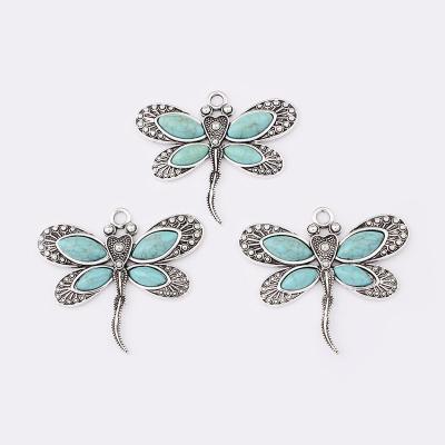 China TRENDY Antique Silver Color Based Boho Chic Dragonfly Charms Blue Stone Cabochon DIY Pendant Jewelry Findings Making 61*53mm for sale