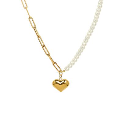 China FASHIONABLE Wholesale Custom Imitation Pearl Heart Pendant Chain Necklace Semi-spliced ​​Love Chain Necklace for sale