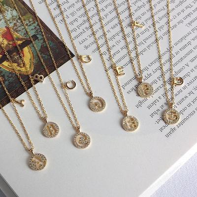 China Collares Mujer TRENDY A-Z Rose Gold Plated Sterling Silver Zircon Iced Out Bling Coin Hollow Alphabet Initial Letter Pendant Necklaces for sale