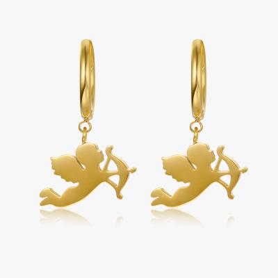 China Trendy Aretes Gold Plating Stainless Steel Circle Charm Cartoon Huggies Earings Kawaii Angle Small Wing Clip On Earring For Girls for sale